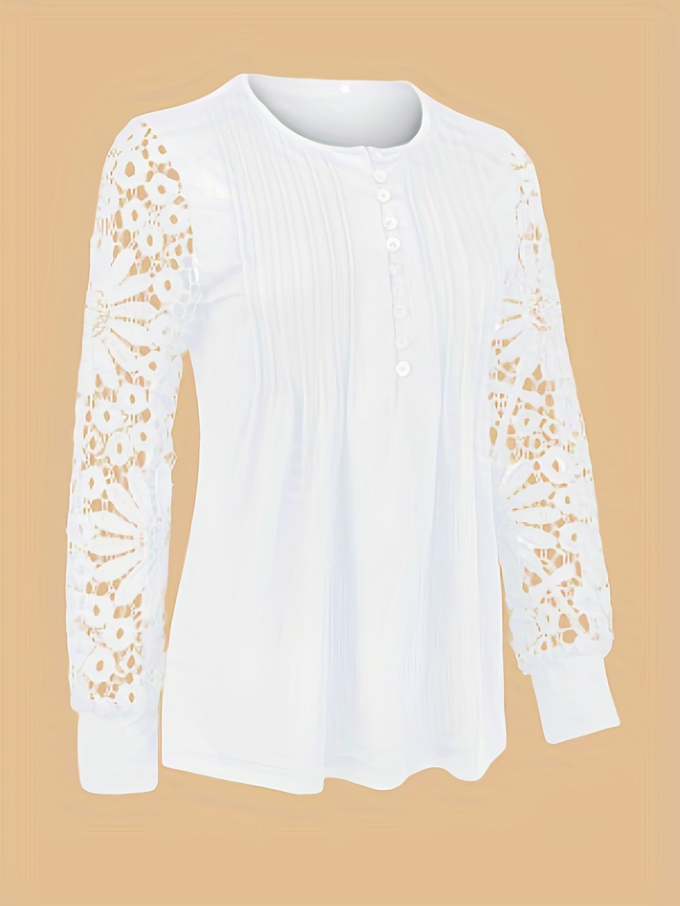 Floral Lace Stitching Ruched T-Shirt, Casual Button Front Long Sleeve T-Shirt For Spring & Fall, Women's Clothing