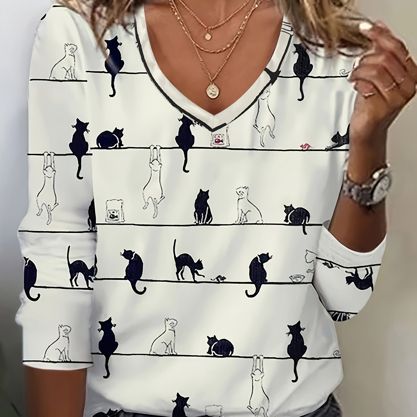 Cute Cat Print V Neck T-shirt, Casual Long Sleeve Top For Spring & Fall, Women's Clothing