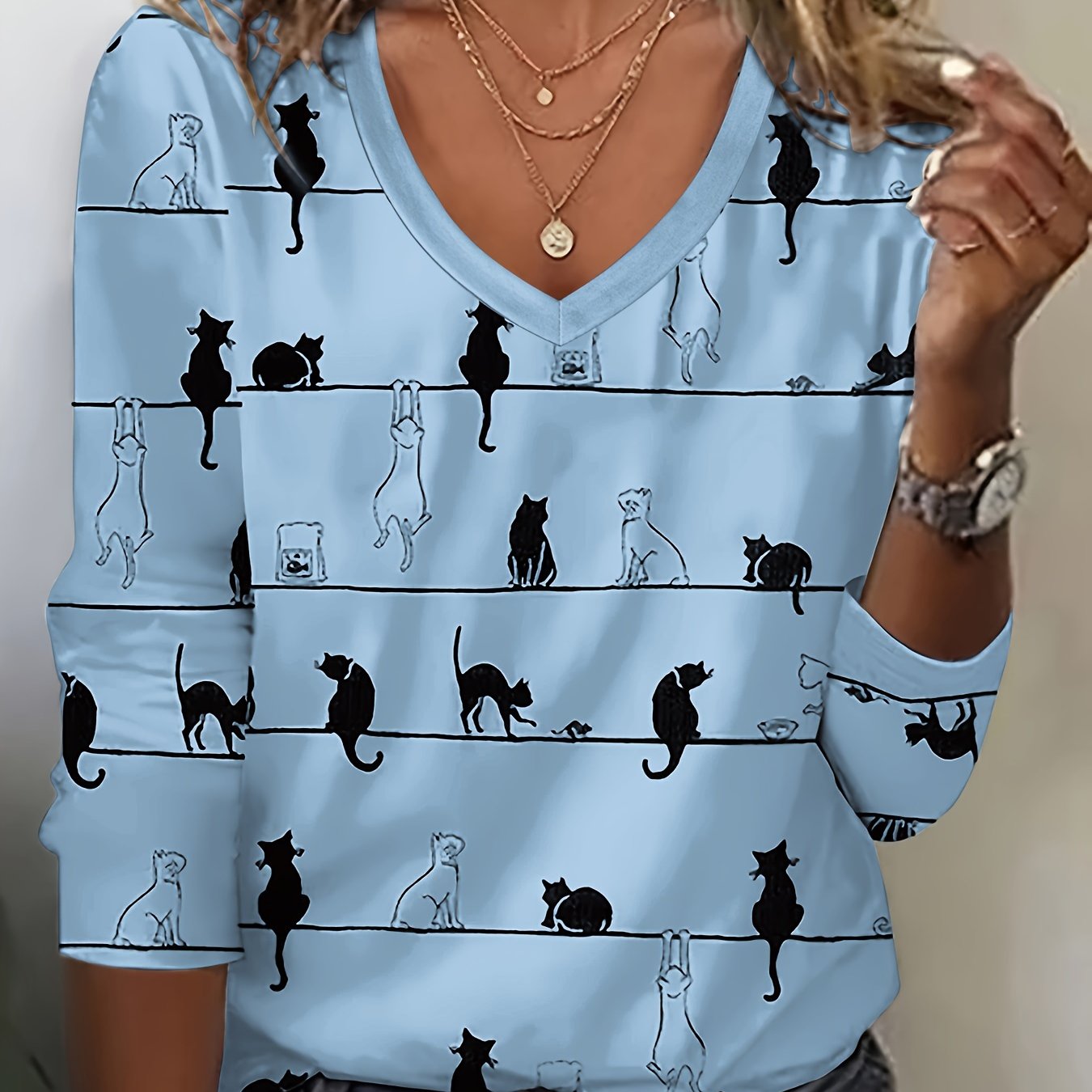 Cute Cat Print V Neck T-shirt, Casual Long Sleeve Top For Spring & Fall, Women's Clothing