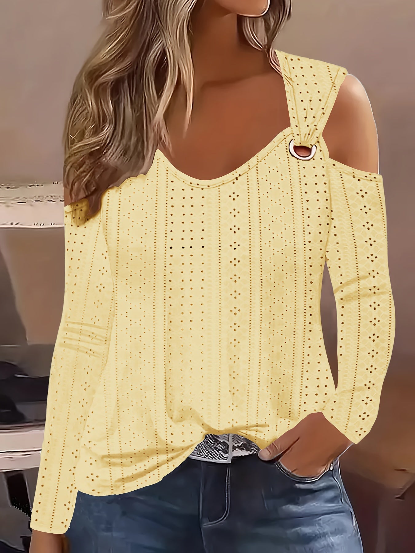 Eyelet Cold Shoulder T-Shirt, Casual Long Sleeve Top For Spring & Fall, Women's Clothing