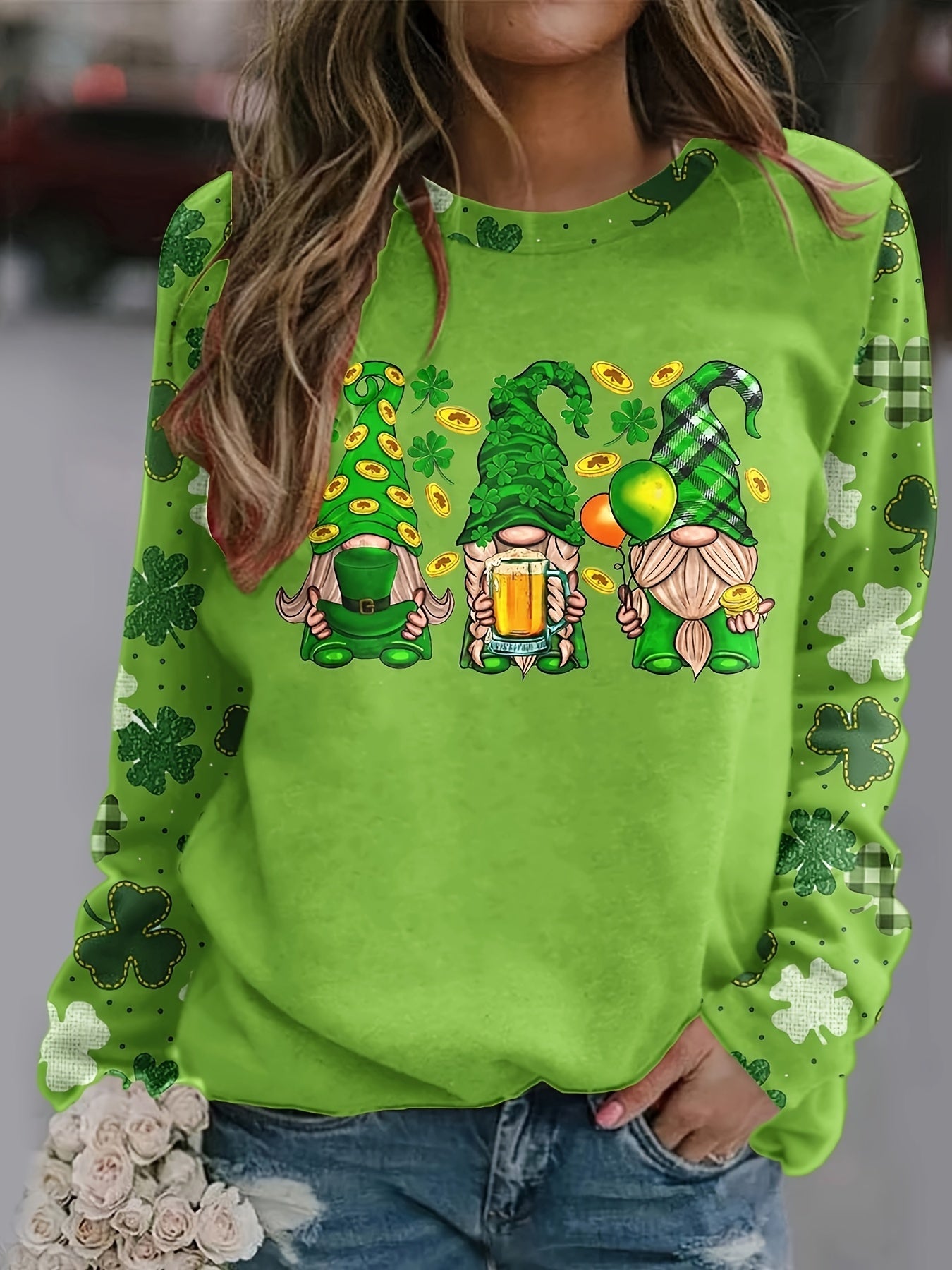 Four-leaf Clover & Gnomes Print T-shirt, Casual Long Sleeve Crew Neck Top For Spring & Fall, Women's Clothing